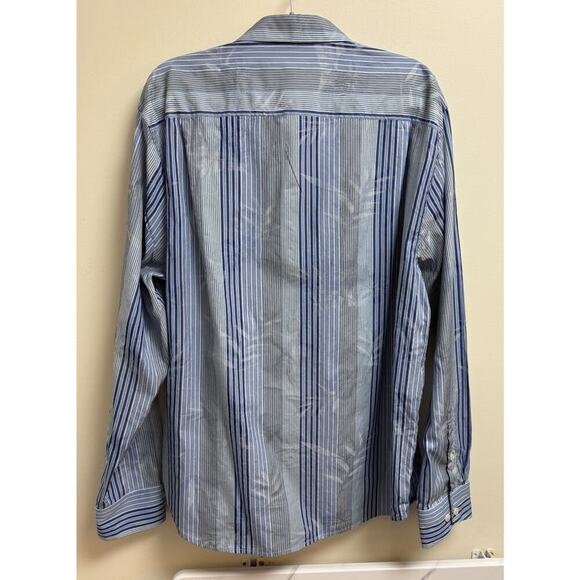 Tommy Bahama Men's Silk Blend Shirt L Blue Stripe Palm Leaf Print Button Front - Picture 2 of 7